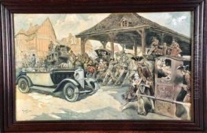l'arrivee De L'automobile Au Village by George Conrad Roller