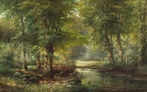 A Wooded River Landscape by J. Rollier