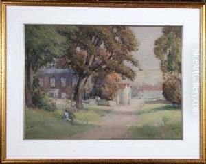 A Yorkshire Village With Figures Seated Under Trees In The Foreground by Sunderland Rollinson