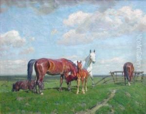 Weitesommerliche Weidelandschaft Mit Pferden by Alfred Roloff