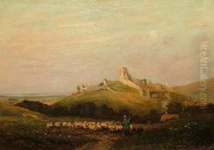 Shepherd And His Flock With Corfe Castle Beyond by Vivian Rolt