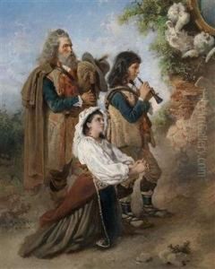 Pifferari, Playing Before An Image Of The Virgin Mary by Anton Romako