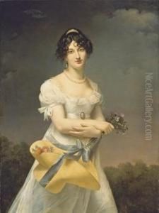 Portrait D'amelie-justine Laidin De La Bouterie, Nee Pontois, Tenant Un Chapeau Rempli De Fleurs by Adele Romany
