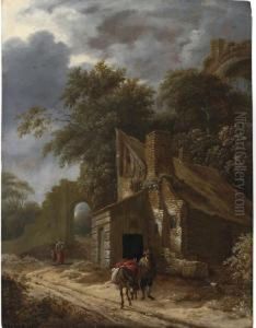 A Muleteer On A Track With Cottages And A Ruin Beyond by Gillis Rombouts