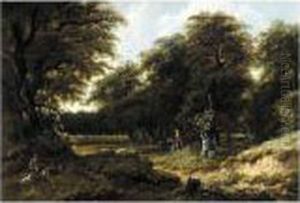 A Wooded Landscape With Huntsmen On A Path, Figures Resting In A Clearing In The Foreground by Gillis Rombouts