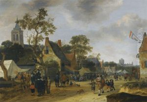 A Village Kermesse With Numerous Figures And Market Stalls by Salomon Rombouts