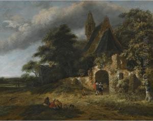 A Landscape With Figures Outside The Walls Of A Ruined Church