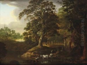 A Wooded Landscape With A Herdsman Watering His Cattle Near Astream
