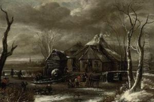 A Winter Landscape With Figures Chopping Wood And Sleighing On Afrozen River Near An Inn