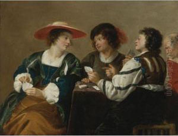 A Woman And Three Men Seated Around A Table Playing Cards - view 1