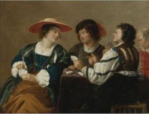 A Woman And Three Men Seated Around A Table Playing Cards by Salomon Rombouts
