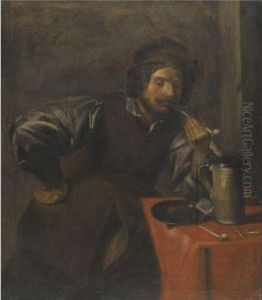 An Interior With A Man Seated At A Table Strewn With Objects,smoking A Pipe