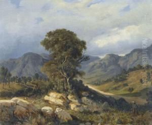 Jager Mit Hund In Felsiger Landschaft by Jean-Baptiste Romegas