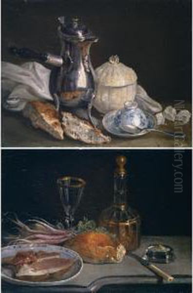 Still Life Of A Chocolatier With A Porcelain Cup And Saucer, Spoon, A Sucrier, Sweets, Pastries And A Cloth Arranged Upon A Table-top - view 1