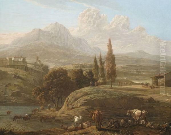 Weite Italienische Landschaft Mit Hirten Und Vieh An Einem Fluss In Den Abruzzen Bei Penne, Im Hintergrund Der Gran Sasso - view 1