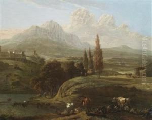 Shepherds With Animals On The Banks Of A River In The Abruzzo Region Near Penne
