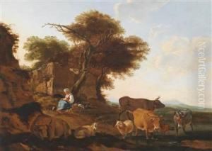 A Shepherdess And Her Flock In A Widelandscape