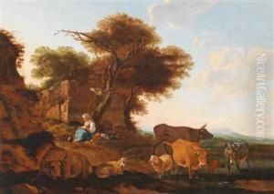 Eine Schaferin Mit Vieh Ineiner Weiten Landschaft