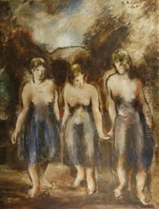 "tre Figure" 1929 Olio Su Tela Firmato E Datato In Alto A Destra. In Cornice by Romano Romiti