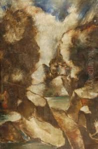 "paesaggio Con Casa Sullo Sfondo" 1929 Olio Su Tela Firmato E Datato In Alto A Destra. In Cornice by Romano Romiti