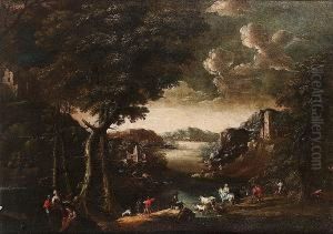 An Extensive River Landscape With Travellers On A Track And Figures Resting By A Pool; And An Extensive River Landscape With Figures On A Track, A Drover Watering A Cow And Goats On A Bank Nearby by Giuseppe Roncelli