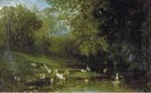 Ducks And Ducklings By A Pond by Frederick Rondel Sr.