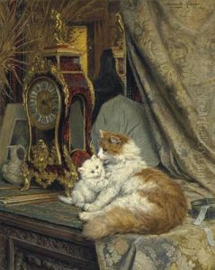 A Mother Cat And Her Kitten With A Bracket Clock by Henriette Ronner-Knip
