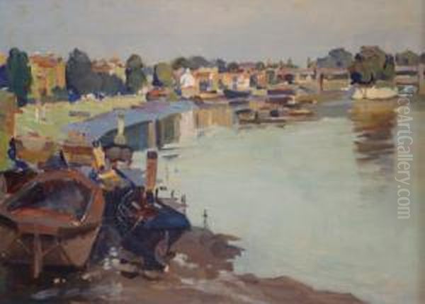 Thames View With Steam Tugs And Figures Playing At Waters Edge - view 1