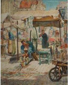 Continental Market Scene With Knife Grinder