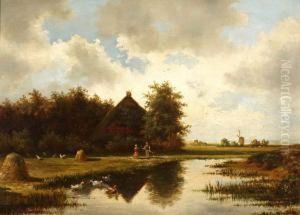 Landschap Met Boeren Op Korenveldje Aan Het Water