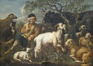Alter Hirte Mit Seiner Herde In Der Campagna by Jakob Roos