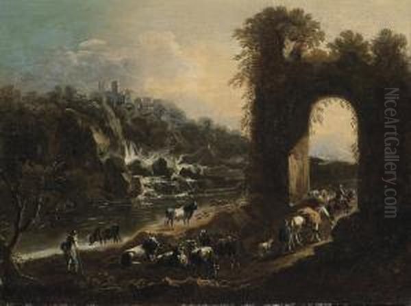 A River Landscape With Drovers And Their Cattle By An Arch, A Waterfall Beyond - view 1