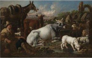 An Extensive Landscape With A Herdsman Resting His Flock NearAncient Ruins