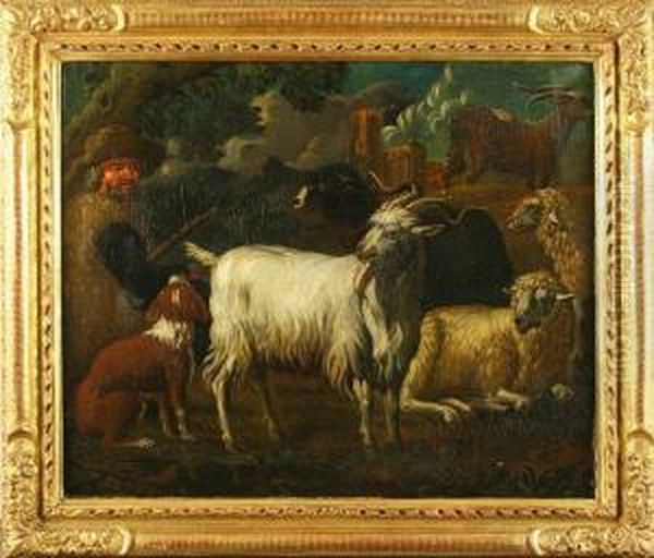 Hirte Mit Hutehund, Schafen Und Ziegen Vor Ruine - view 1