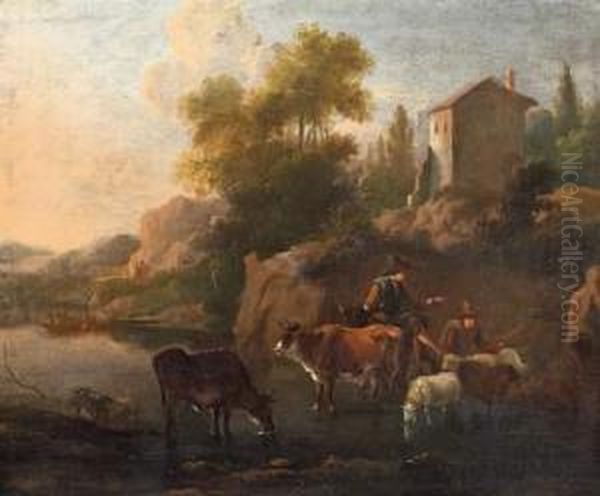 Shepherds With Cattle By The Water - view 1