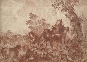 Herdsmen And Their Animals Drinking At A Pool by Jan I Roos