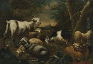 Goats And Sheep In A Landscape by Jan I Roos