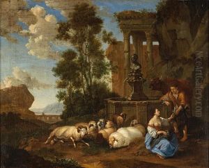Two Figures At A Fountain With Their Flock Beside Them And Ruins Beyond by Johan Heinrich Roos