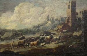 A Drover With Cattle And Goats On A Mountainous Path by Johan Heinrich Roos