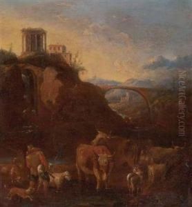 Italienische Landschaft Mit Hirt Und Herde Sowie Dem Sibyllentempel Von Tivoli by Johan Heinrich Roos