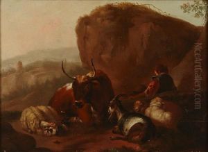 A Rocky Landscape With Herders And Animals Resting In The Foreground by Johan Heinrich Roos