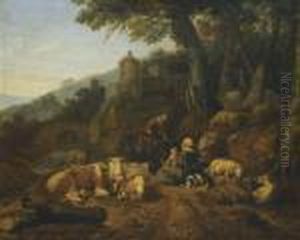 A Landscape With Drovers And Their Flock At Rest by Johan Heinrich Roos