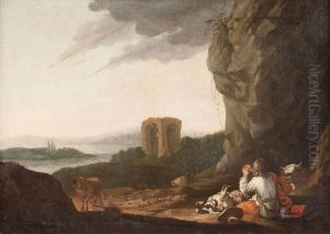 Bauer Mit Rind Und Schafherde In Felsiger Ruinenlandschaft