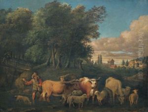 Hirtenszene In Bewaldeter Landschaft, Im Hintergrund Bauerngehoft Hirtenszene In Bewaldeter Landschaft, Im Hintergrund Bauerngehoft