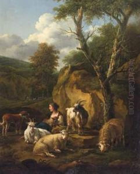 Shepherdess With Her Sheep And Goats - view 1