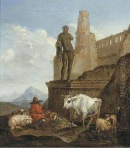 An Italianate Landscape With A Shepherd Resting With Cattle Near Aruin by Theodor Roos