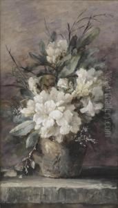 An Earthenware Vase With White Azaleas And Various Other Flowers
