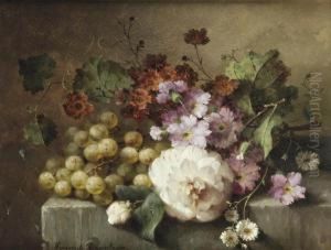 A Camellia, Carnations, Grapes And Other Flowers On A Marble Ledge