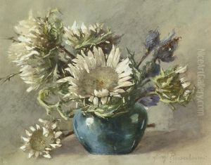 Disteln In Blauer Vase by Margaretha Roosenboom