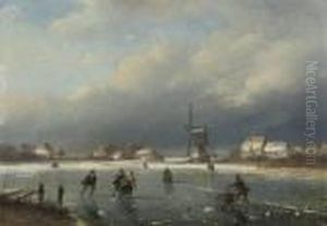 A Winter Landscape With Skaters And A Mill Beyond